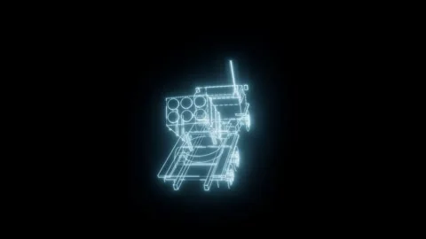 Mlrs hologram tumbling turntable technical drawing 3D animation seamless loop 스톡 동영상 342240033