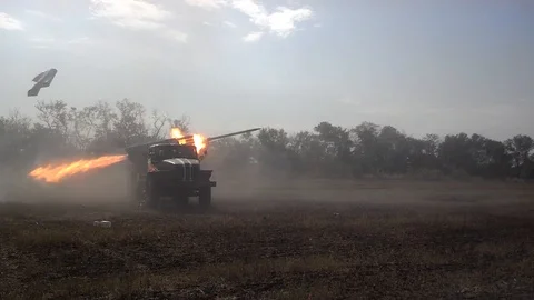 MLRS(Multiple Launch Rocket System) Firing Stock Footage 87431732