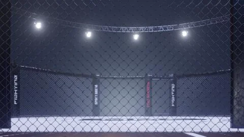 Mma arena side view. Empty fight cage under lights. 3D rendering Stock Illustration