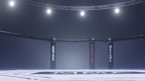 Mma arena side view. Empty fight cage under lights. 3D rendering Stock Illustration