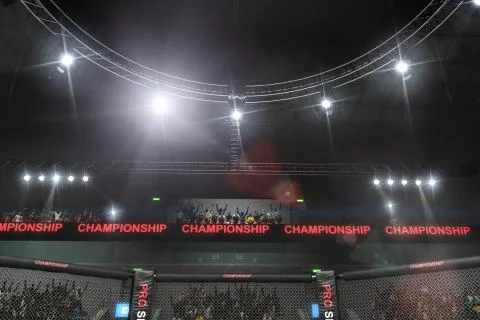 Mma fighting stage side view under lights Stock Photos