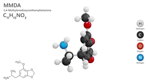 MMDA. Drug. 3D model of a molecule. C11H15NO3. White background. 3D render Stock Footage 295194497