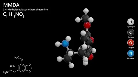 MMDA or 5-methoxy-3,4-methylenedioxyamphetamine. Drug. Black back. 3D render Stock Footage 289218965