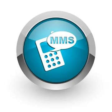 Mms blue silver metallic chrome border web and mobile phone icon on white bac Stock Illustration