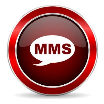 Mms red circle glossy web icon, round button with metallic border Stock Illustration