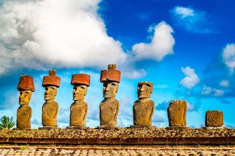 Moai at Ahu Nua Nua in Anakena Beach on Easter Island or Rapa Nui Moai at ... Stock Photos