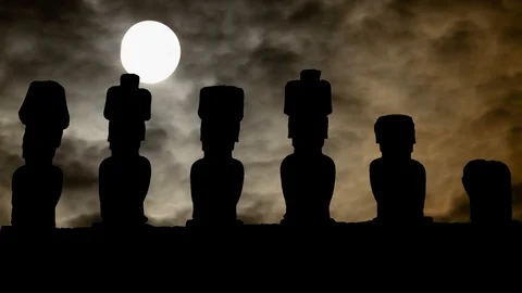 Moai: Ancient Sculpture in Easter Island, Time Lapse By Night with Full Moon Stock Footage 114636048