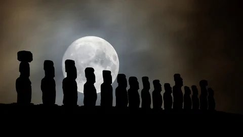 Moai, Ancient Sculpture by Night with Full Moon, Easter island, Polynesia, Chile Stock Footage 102153164
