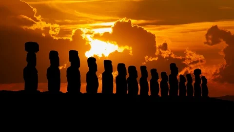 Moai, Ancient Sculpture at Sunset, Easter island, Polynesia, Chile Stock Footage 102153266