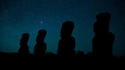 Moai of Easter Island in eastern Polynesia, night time lapse of the stars Stock Footage 84077690