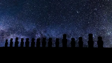 Moai of Easter Island in eastern Polynesia, Stars Time Lapse at Night Stock Footage 92536161