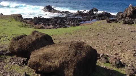 Moai at the ground close to the sea at the Easter Island, Rapa Nui Stock Footage 41248912