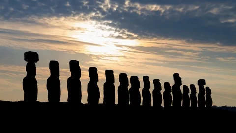 Moai: Iconic Ancient Sculpture in Easter Island, Time Lapse at Sunrise, Chile Stock Footage 117636768