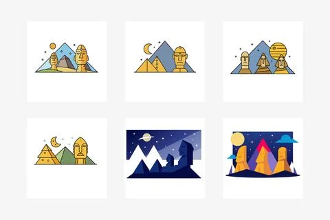 Moai-statues-and-pyramids-at-night-famous-landmark Stock Illustration
