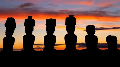 Moai Statues in Easter Island at Dusk, Rapa Nui National Park, Chile Stock Footage 111415442