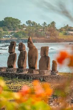 Moai statues on Easter Island or Rapa Nui in May Stock Photos