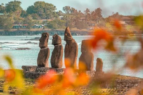 Moai statues on Easter Island or Rapa Nui in May Stock Photos