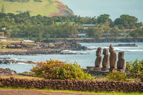 Moai statues on Easter Island or Rapa Nui in May Stock Photos