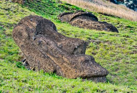 Moai Statues on Easter Island at the Rano Raraku Quarry Stock Photos