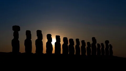 Moai Statues in Easter Island at Sunset, Rapa Nui National Park, Chile Stock Footage 111415506