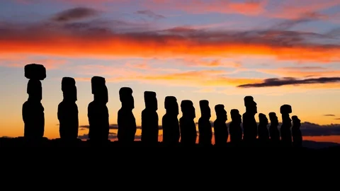 Moai Statues in Easter Island at Tilight, Rapa Nui National Park, Chile Stock Footage 111415542