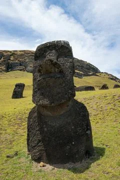 The moai statues standing on the slopes of Rano Raraku Stock Photos