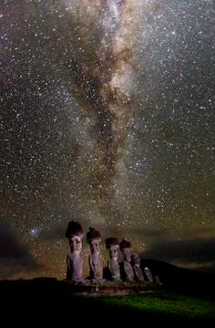 Moai under milky way on easter island Stock Photos