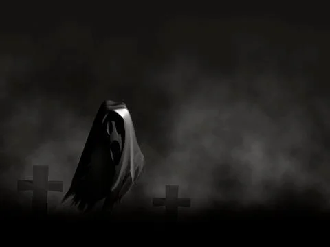 Moaning Ghost in lonely graveyard with dark clouds background Stock Illustration