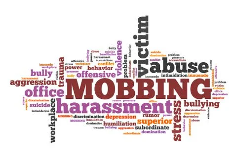 Mobbing - work place behavior problem. Employment word cloud. Stock Illustration