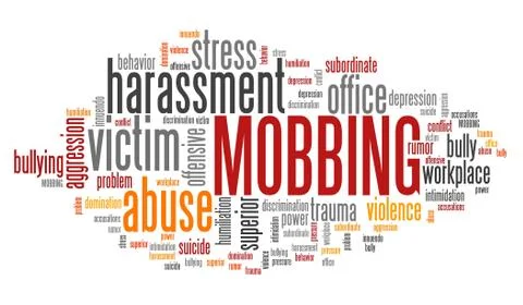 Mobbing - work place harassment problem. Employment word cloud. Stock Illustration
