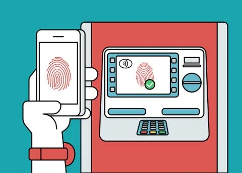 Mobile access to ATM via smartphone using fingerprint identification Illustrazione stock
