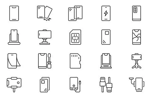Mobile accessories line icon set, power bank, headset, cable, sim card, pho.. Stock Illustration