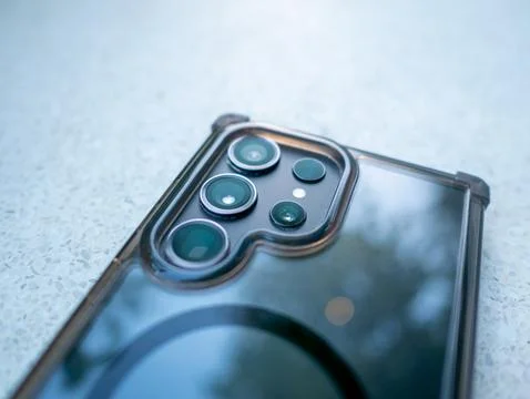 Mobile action close-up of smartphone camera indoor setting technology concept Stock Photos