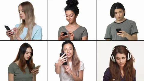 Mobile addiction and technology concept. Split collage people using smartphones Video stock 125506825