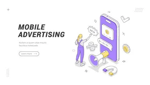 Mobile advertising isometric banner template. Vector illustration of a digita Stock Illustration