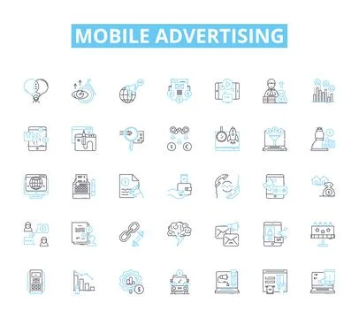 Mobile advertising linear icons set. Impressions, Clicks, Conversions, Targeting Stock Illustration