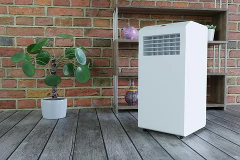 Mobile air conditioner on brick wall background 3d Stock Illustration