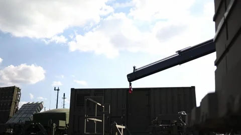 Mobile air defense system with missile launchers and command equipment outdoors Stock Footage 346451840