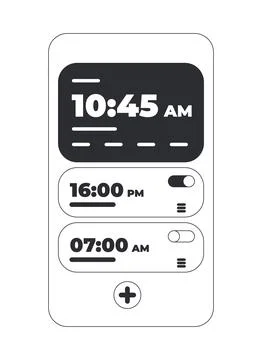 Mobile alarm clock interface with multiple time schedules bw cartoon clipart Stock Illustration