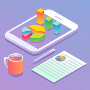 Mobile analytics concept flat vector illustration. Isometric smartphone with pie Stock Illustration