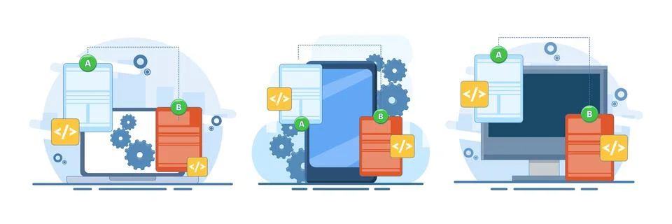 Mobile A and B testing set illustrating dual interface layouts Stock Illustration