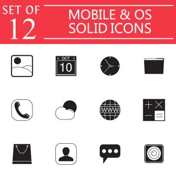 Mobile and OS solid icon set, symbols collection Illustrazione stock