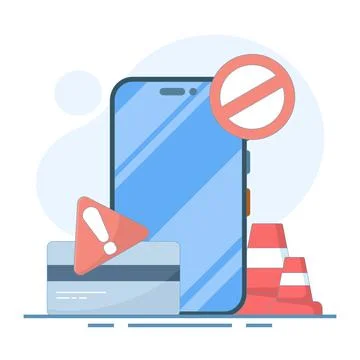 Mobile and payment card blocked, online payment, warning. Illustrazione stock