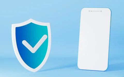 Mobile and shield with blue background, 3d rendering. Stock Illustration
