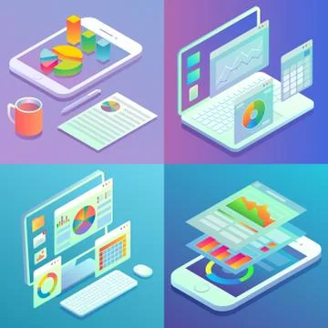 Mobile and web analytics concept vector flat isometric poster set Stock Illustration