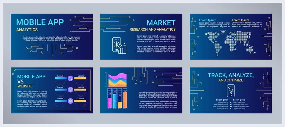 Mobile app analytics presentation templates set Stock Illustration
