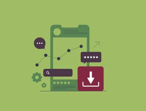 Mobile app analytics with smartphone interface, user feedback ratings, search Stock-Illustration
