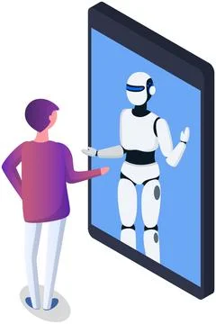 Mobile app with artificial intelligence. Person using online chat with droid 스톡 일러스트
