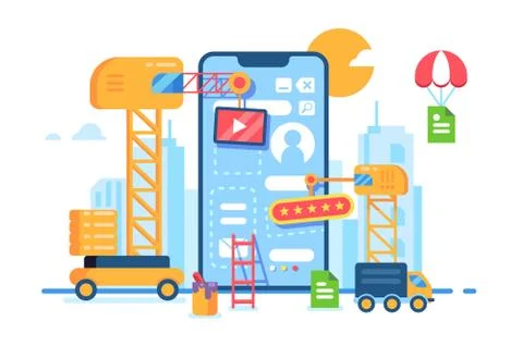 Mobile app building development. Creative process. Stock Illustration