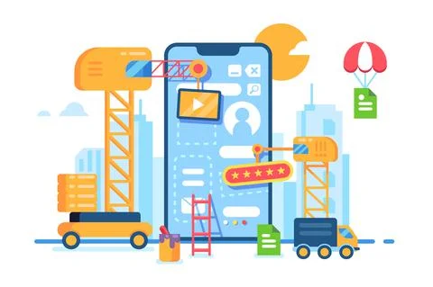 Mobile app building development. Creative process. Illustrazione stock